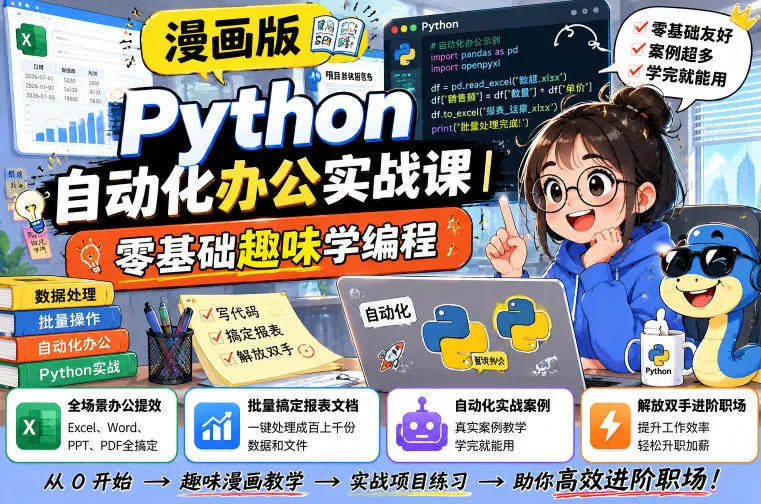 漫画版Python自动化办公实战课|零基础趣味学编程,全场景办公提效、批量搞定报表文档、解放双手进阶职场-知云阁资源站
