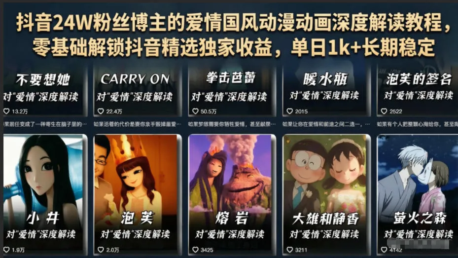抖音24W粉丝博主的爱情国风动漫动画深度解读教程,零基础解锁抖音精选独家收益,单日1k+长期稳定-知云阁资源站