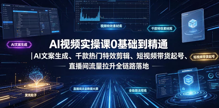 AI视频实操课0基础到精通｜AI文案生成、千款热门特效剪辑、短视频带货起号、直播间流量拉升全链路落地-知云阁资源站