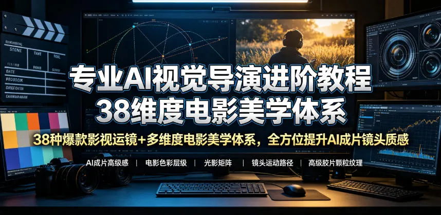 专业AI视觉导演进阶教程，38种爆款影视运镜+多维度电影美学体系，全方位提升AI成片高级感与镜头质感-知云阁资源站