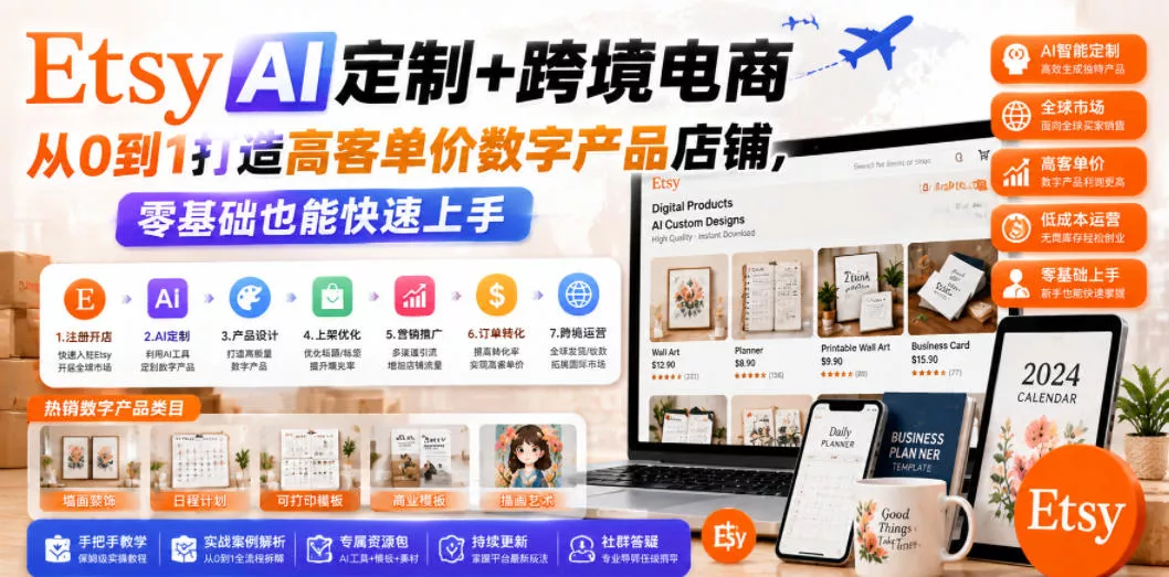 Etsy AI定制+跨境电商,从0到1打造高客单价数字产品店铺,零基础也能快速上手-知云阁资源站