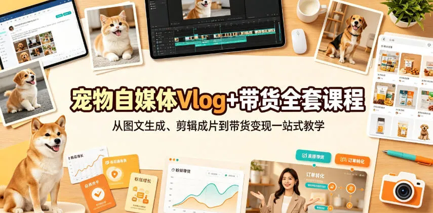 宠物自媒体Vlog+带货全套课程|从图文生成、剪辑成片到带货变现一站式教学-知云阁资源站