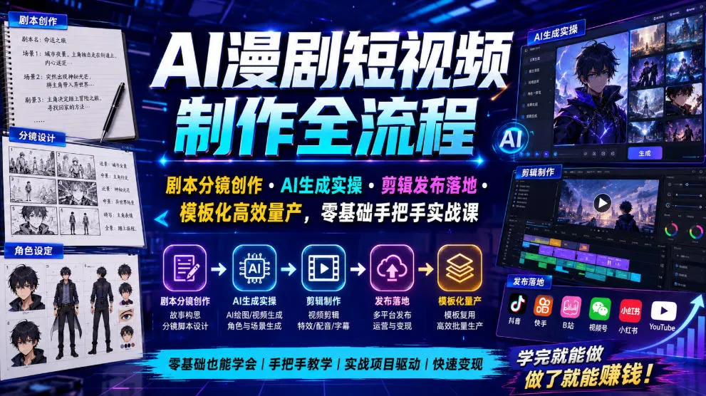 AI漫剧短视频制作全流程|剧本分镜创作・AI生成实操・剪辑发布落地・模板化高效量产,零基础手把手实战课-知云阁资源站
