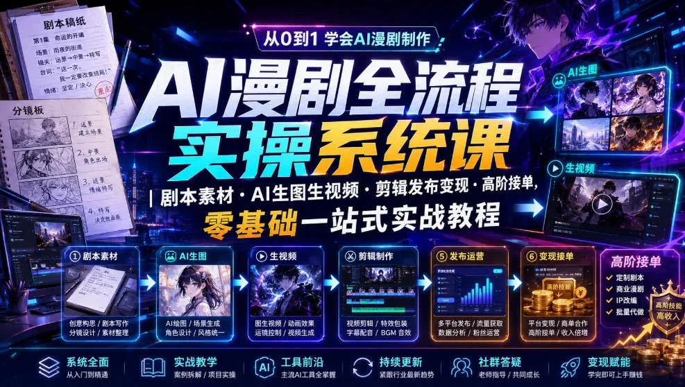 AI漫剧全流程实操系统课|剧本素材・AI生图生视频・剪辑发布变现・高阶接单,零基础一站式实战教程-知云阁资源站