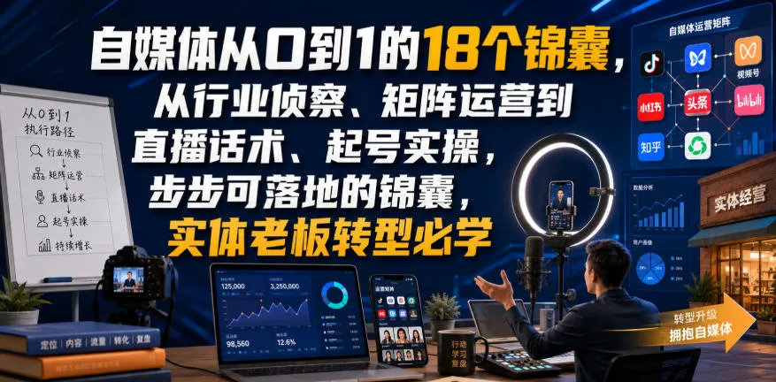 自媒体从0到1的18个锦囊,从行业侦察、矩阵运营到直播话术、起号实操,步步可落地的锦囊,实体老板转型必学-知云阁资源站