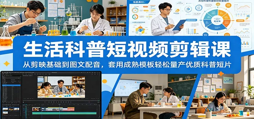 生活科普短视频剪辑课：从剪映基础到图文配音，套用成熟模板轻松量产优质科普短片-知云阁资源站