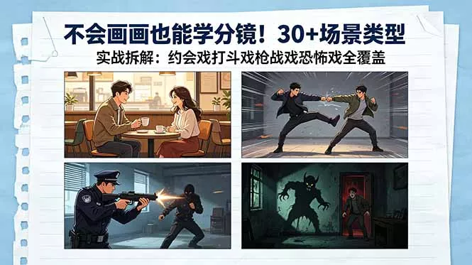 不会画画也能学分镜!30+场景类型实战拆解:约会戏打斗戏枪战戏恐怖戏全覆盖-知云阁资源站