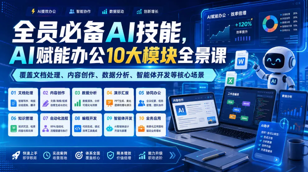 全员必备AI技能,AI赋能办公10大模块全景课,覆盖文档处理、内容创作、数据分析、智能体开发等核心场景-知云阁资源站