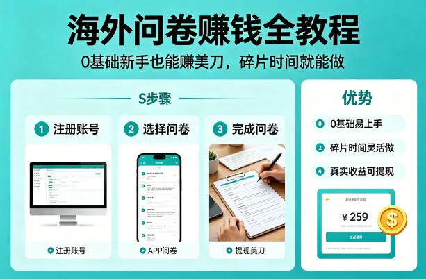 海外问卷賺钱全教程，0基础新手也能賺美刀，碎片时间就能做-知云阁资源站