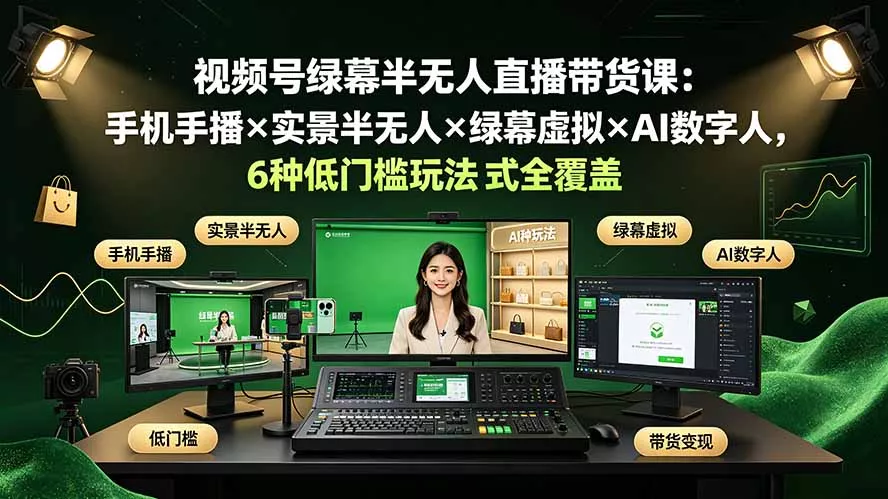 视频号绿幕半无人直播带货课:手机手播×实景半无人×绿幕虚拟×AI数字人,6种低门槛玩法全覆盖-知云阁资源站