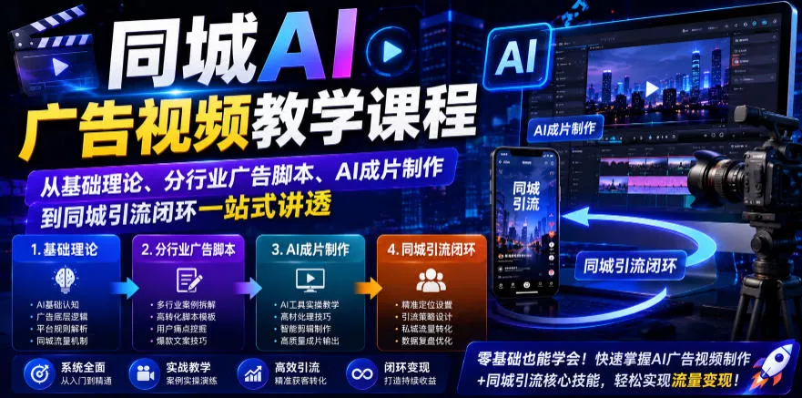 同城AI广告视频教学课程,从基础理论、分行业广告脚本、AI成片制作到同城引流闭环一站式讲透-知云阁资源站