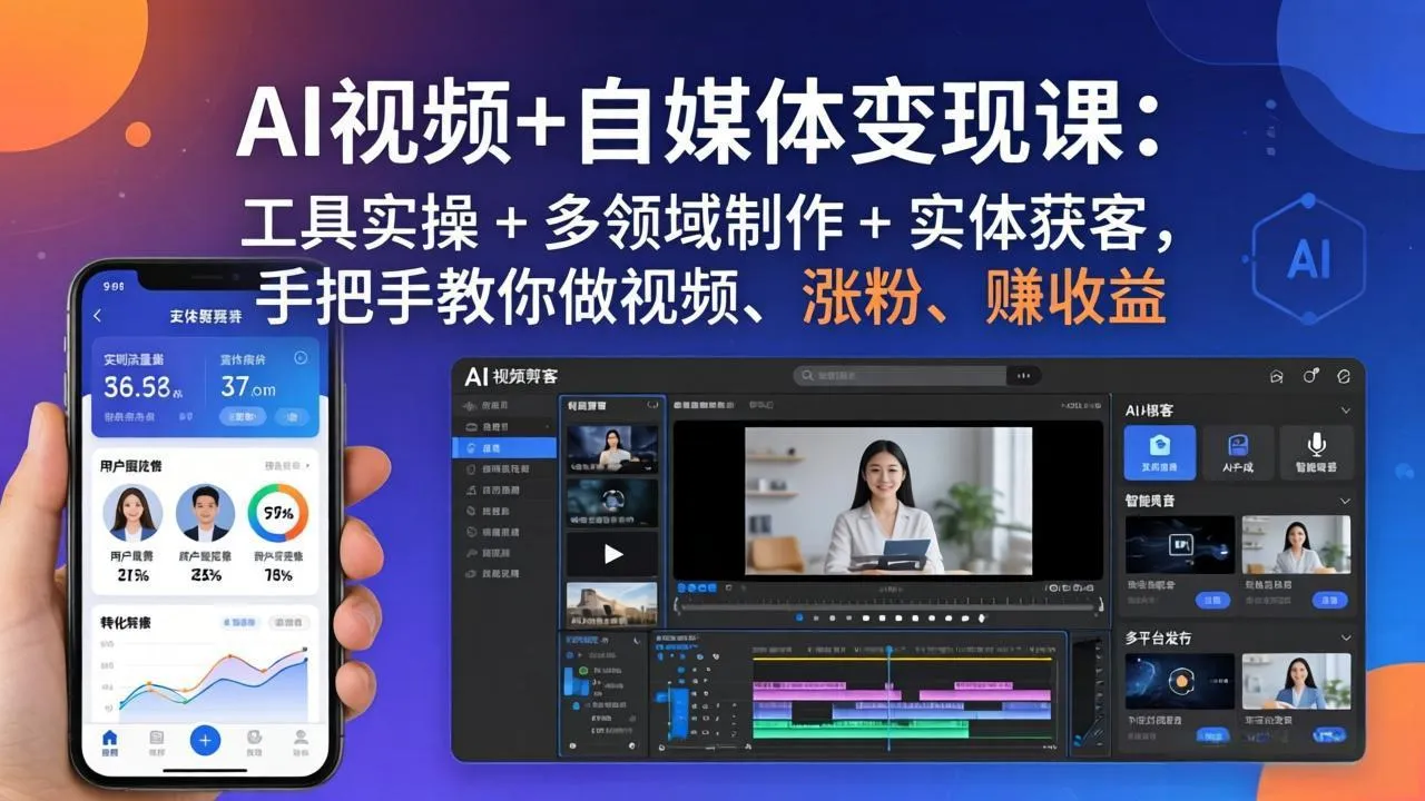 AI视频+自媒体变现课:工具实操 + 多领域制作 + 实体获客,手把手教你做视频、涨粉、赚收益-知云阁资源站