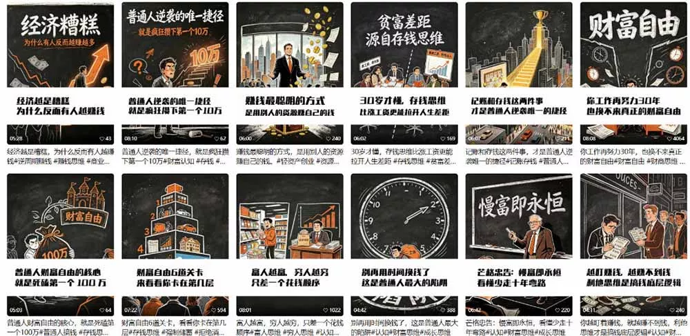 AI书单财富书籍图文解读：手绘黑白风格×一键直出×几十条视频跑1000单×全流程拆解×新手可上手-知云阁资源站