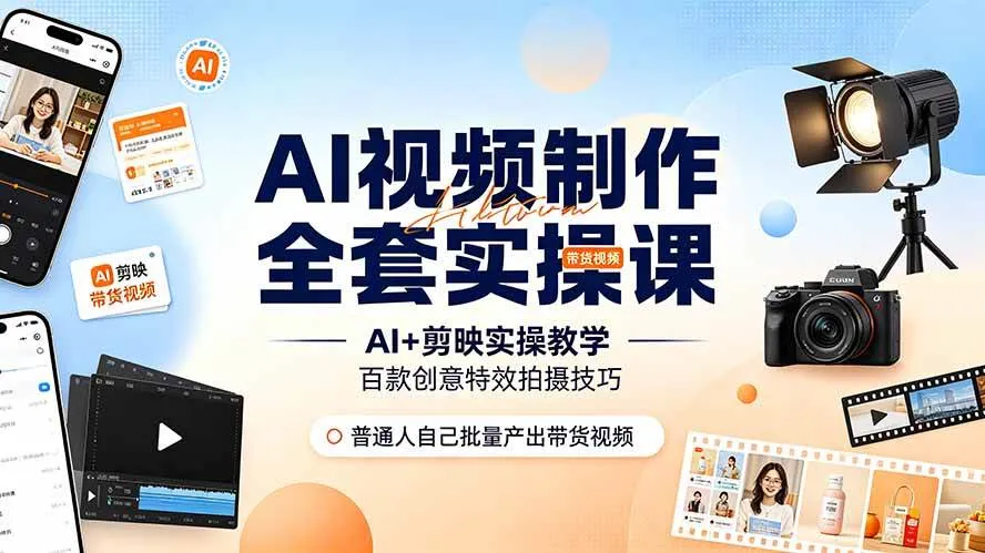 (19200期)AI视频制作全套实操课,多款AI工具搭配剪映教学,百种特效运镜拍摄实操,抖音账号带货运营全覆盖-知云阁资源站