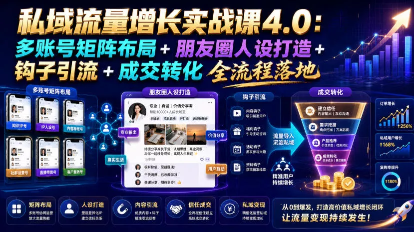 私域流量增长实战课4.0:多账号矩阵布局+朋友圈人设打造+钩子引流+成交转化全流程落地-知云阁资源站