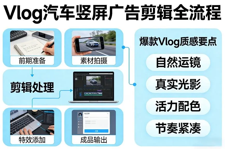 Vlog感觉汽车竖屏广告剪辑脚本全流程,拿捏爆款Vlog质感-知云阁资源站