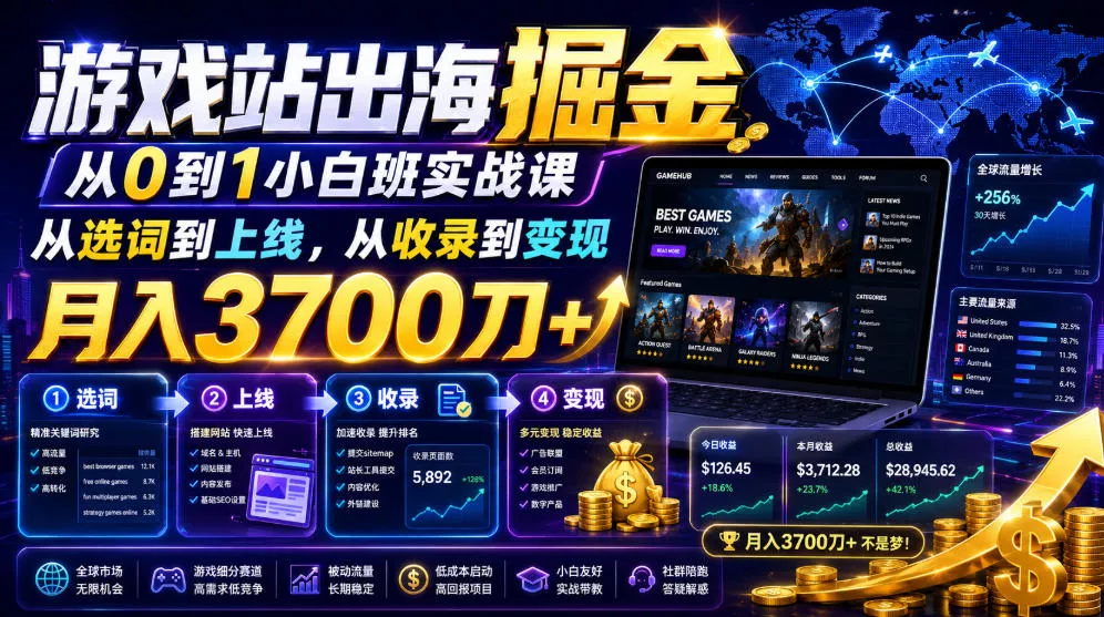 游戏站出海掘金从0到1小白实战课,从选词到上线,从收录到变现,月入3700刀+-知云阁资源站
