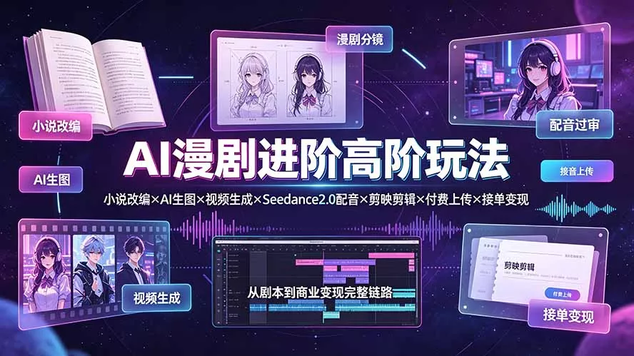 AI漫剧进阶高阶玩法:小说改编×AI生图×视频生成×Seedance2.0配音×剪映剪辑×付费上传×接单变现-知云阁资源站