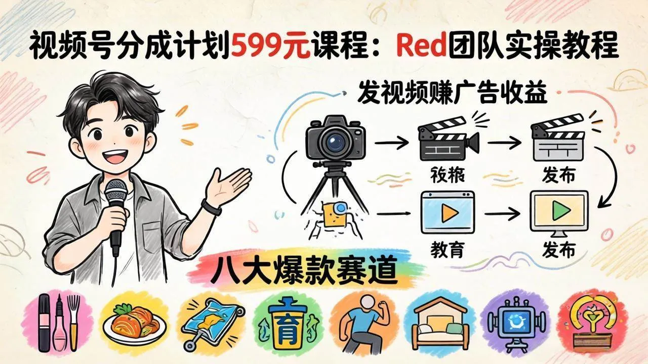 (18088期)视频号分成计划599元课程:Red团队实操教程,发视频赚广告收益,八大爆款赛道全掌握-知云阁资源站