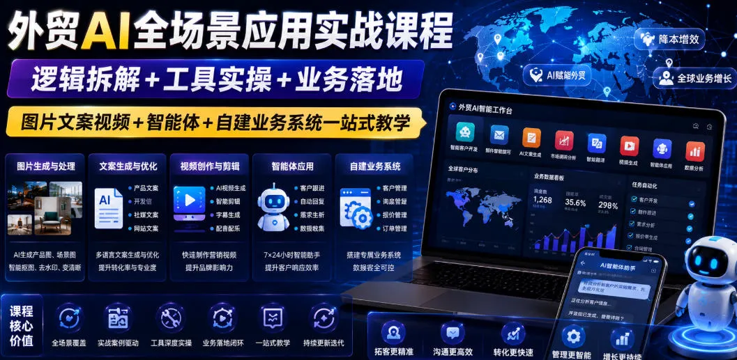 外贸AI全场景应用实战课程｜逻辑拆解+工具实操+业务落地，图片文案视频+智能体+自建业务系统一站式教学-知云阁资源站
