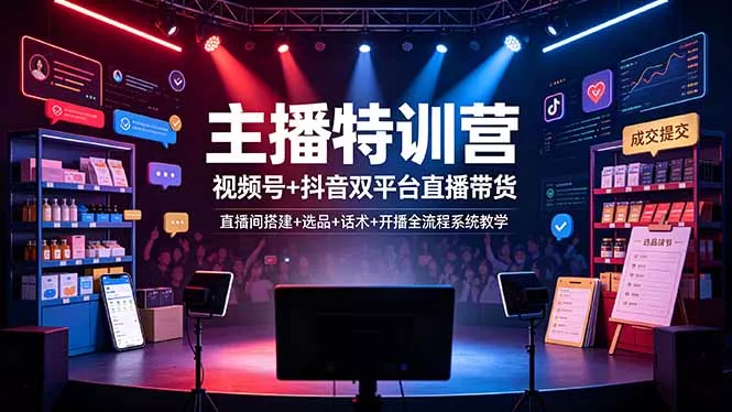 主播特训营：视频号+抖音双平台直播带货，直播间搭建+选品+话术+开播全流程系统教学-知云阁资源站