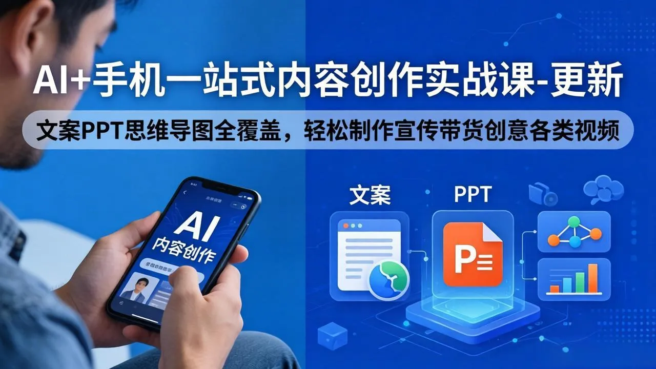AI+手机一站式内容创作实战课-更新,文案PPT思维导图全覆盖,轻松制作宣传带货创意各类视频 AI+手机一站式内容创作实战课-更新,文案PPT思维导图全覆盖,轻松制作宣传带货创意各类视频