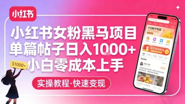 小红书女粉黑马项目,单篇帖子日入1k+,小白零成本上手-知云阁资源站