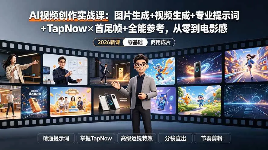（19383期）AI视频创作实战课：图片生成+视频生成+专业提示词+TapNow×首尾帧+全能参考，从零到电影感成片-知云阁资源站