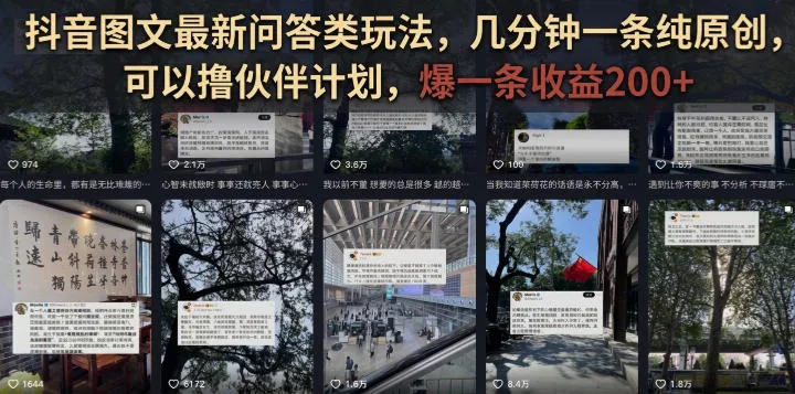 抖音图文最新问答类玩法,几分钟一条纯原创,可以撸伙伴计划,爆一条收益200+-知云阁资源站