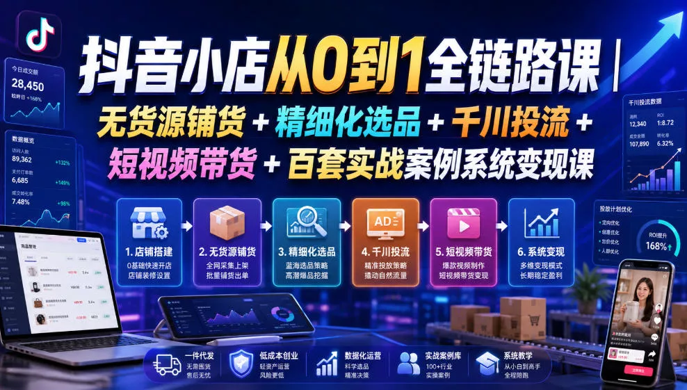 抖音小店从0到1全链路课｜无货源铺货+精细化选品+千川投流+短视频带货+百套实战案例系统变现课(2026年7月更新)-知云阁资源站