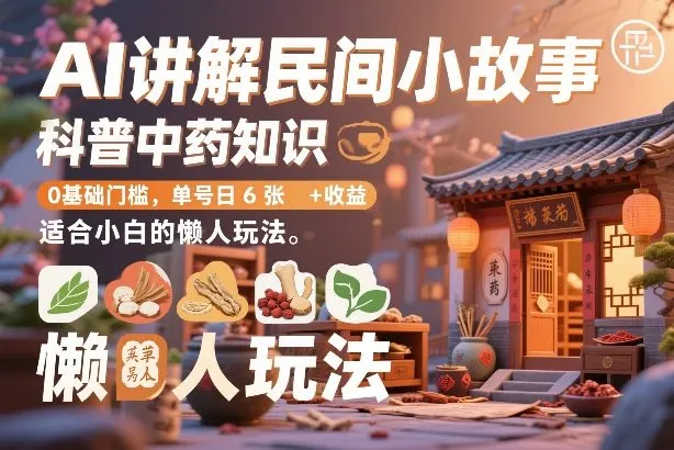 AI讲解民间小故事,科普中药知识,0基础门槛,单号日6张+收益,适合小白的懒人玩法-知云阁资源站