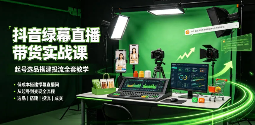 某社群抖音绿幕直播带货实战课,起号选品搭建投流全套教学,低成本搭建绿幕直播间-知云阁资源站