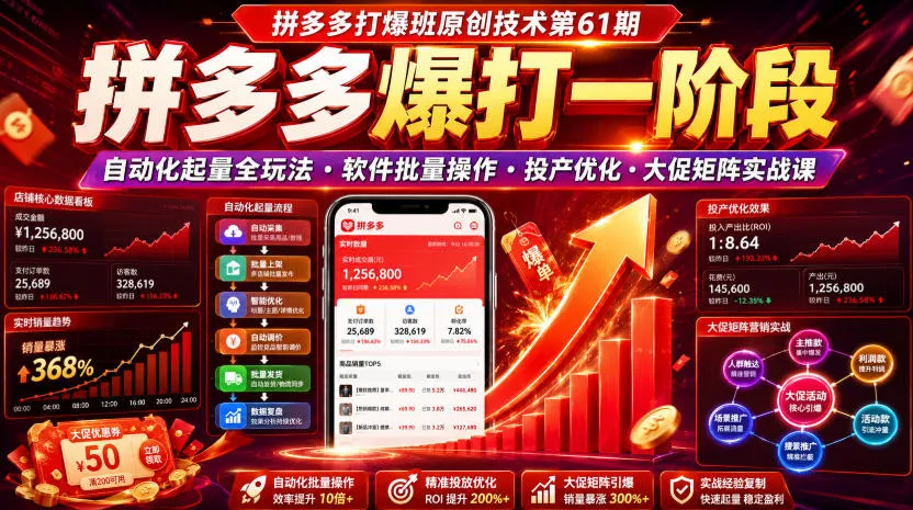 拼多多打爆班原创技术第61期,拼多多爆打一阶段,自动化起量全玩法・软件批量操作・投产优化・大促矩阵实战课-知云阁资源站