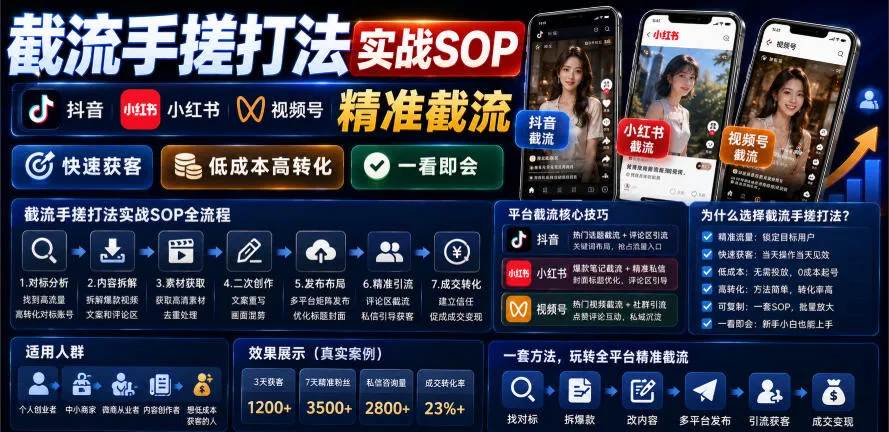 截流手搓打法实战SOP,抖音小红书视频号精准截流,快速获客,低成本高转化,一看即会-知云阁资源站