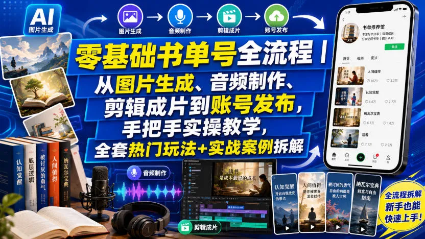 零基础书单号全流程｜从图片生成、音频制作、剪辑成片到账号发布，手把手实操教学，全套热门玩法+实战案例拆解-知云阁资源站