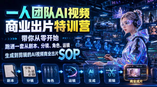 一人团队AI视频商业出片实战课:带你从零开始跑通一套从剧本、分镜、角色、运镜、生成到剪辑的AI视频商业出片SOP-知云阁资源站