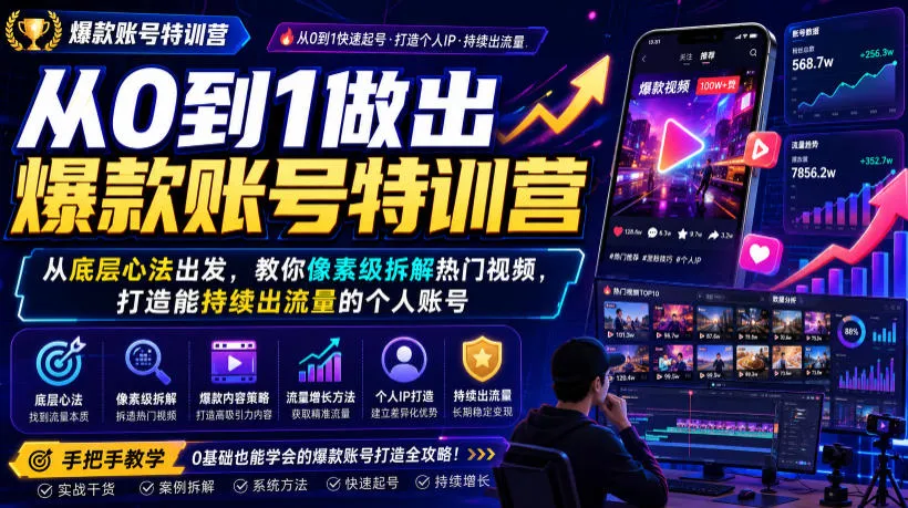 从0到1做出爆款账号特训营,从底层心法出发,教你像素级拆解热门视频,打造能持续出流量的个人账号-知云阁资源站