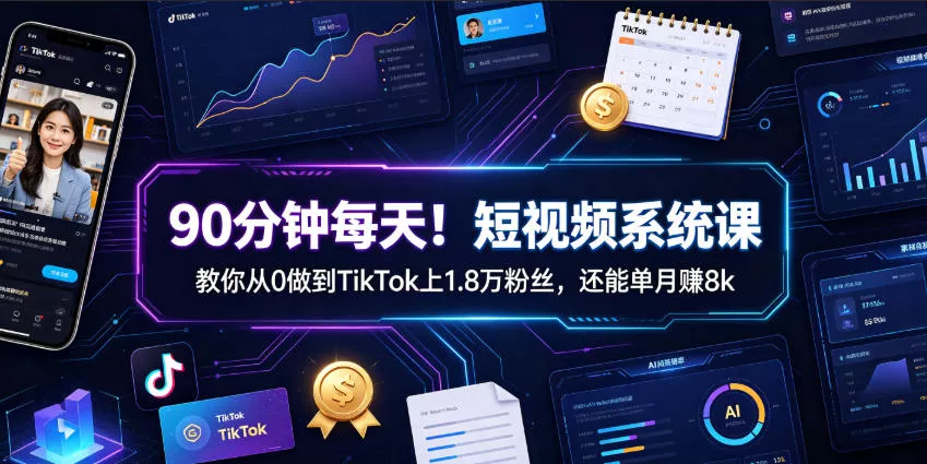 90分钟每天!短视频系统课教你从0做到TikTok上1.8万粉丝,还能单月賺8k【原创双语字幕】-知云阁资源站