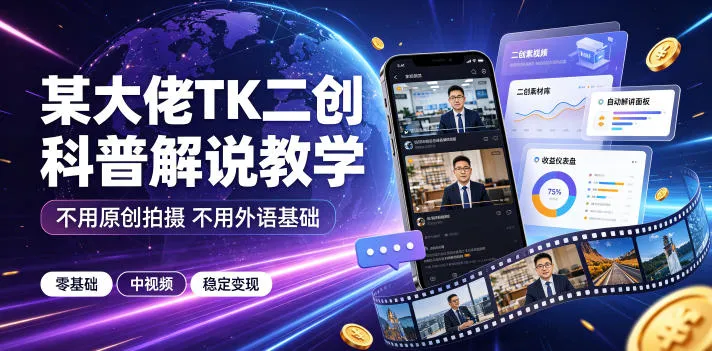 某大佬TK二创科普解说教学,不用原创拍摄不用外语基础,零基础做TikTok中视频稳定变现-知云阁资源站