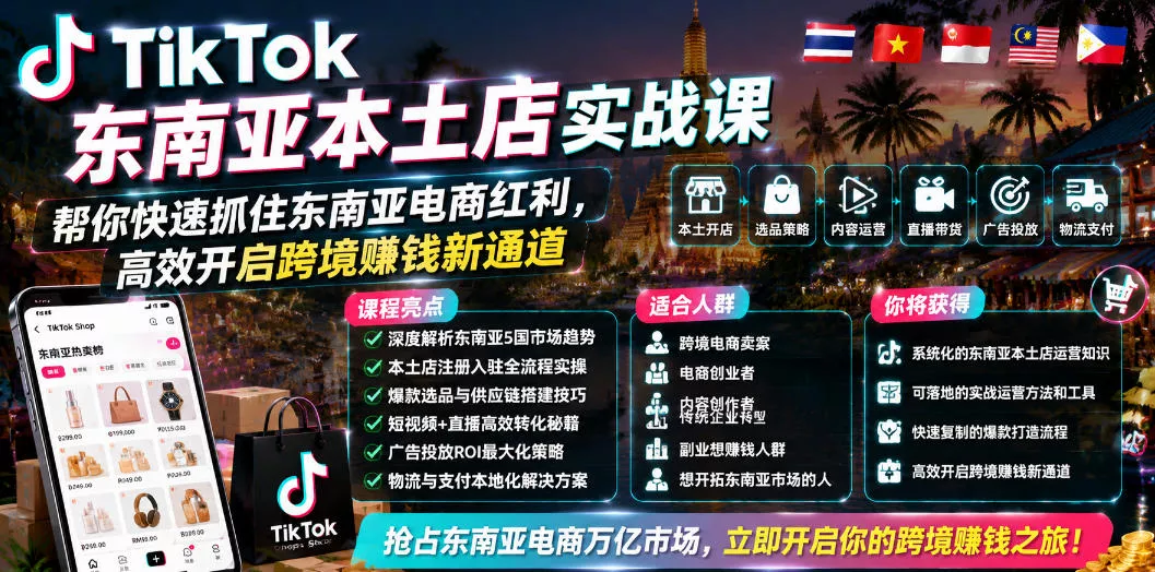 TikTok东南亚本土店实战课,帮你快速抓住东南亚电商红利,高效开启跨境賺钱新通道-知云阁资源站