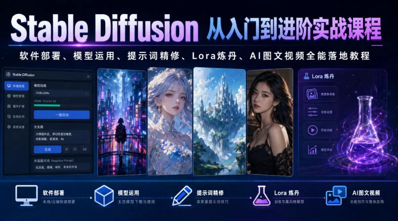 Stable Diffusion从入门到进阶实战课程|软件部署、模型运用、提示词精修、Lora炼丹、AI图文视频全能落地教程-知云阁资源站