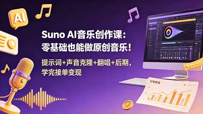 Suno AI音乐创作课:零基础也能做原创音乐!提示词+声音克隆+翻唱+后期,学完接单变现-知云阁资源站