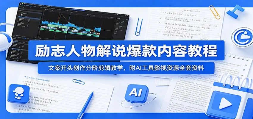 励志人物解说爆款内容教程:文案开头创作分阶剪辑教学,附AI 工具影视资源全套资料-知云阁资源站