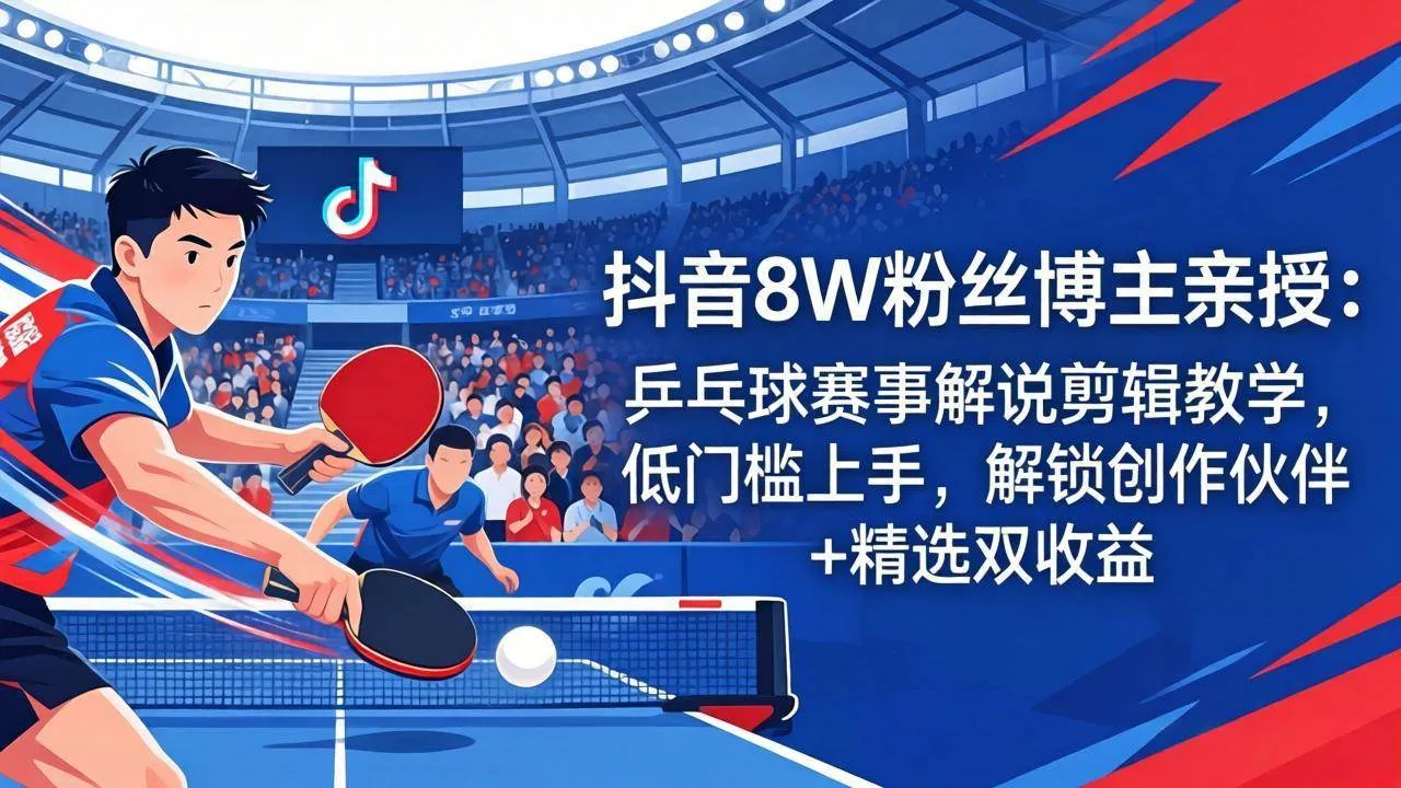 (18069期)抖音8W粉丝博主亲授:乒乓球赛事解说剪辑教学,低门槛上手,解锁创作伙伴+精选双收益 (18069期)抖音8W粉丝博主亲授:乒乓球赛事解说剪辑教学,低门槛上手,解锁创作伙伴+精选双收益