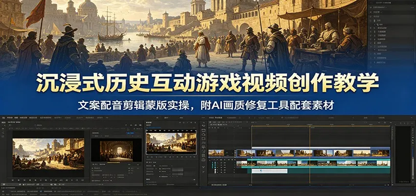 沉浸式历史互动游戏视频创作教学：文案配音剪辑蒙版实操，附AI画质修复工具配套素材-知云阁资源站