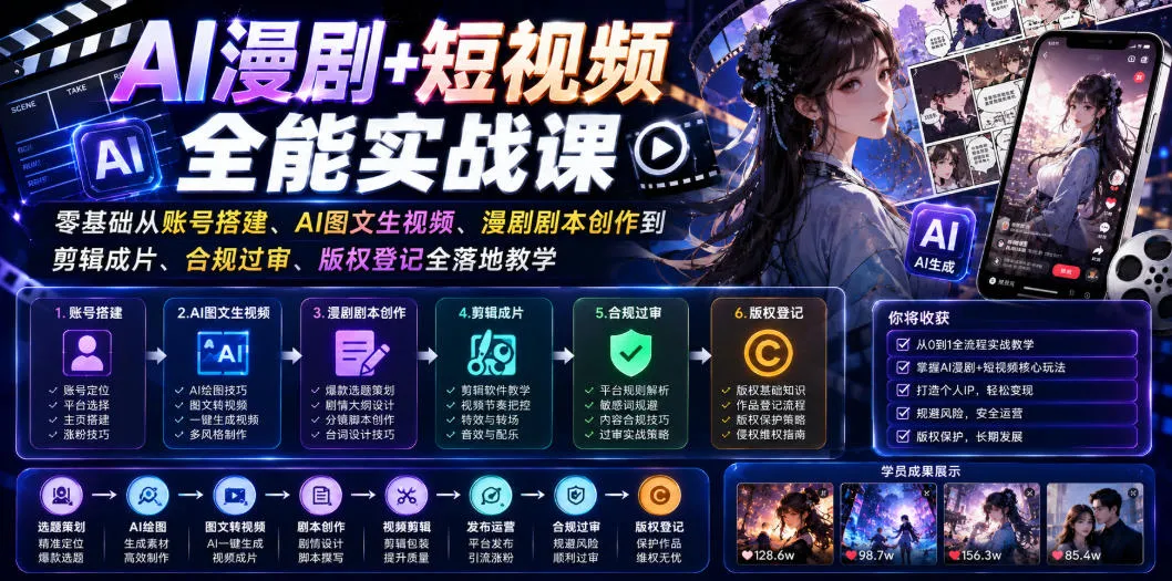 AI漫剧+短视频全能实战课｜零基础从账号搭建、AI图文生视频、漫剧剧本创作到剪辑成片、合规过审、版权登记全落地教学-知云阁资源站