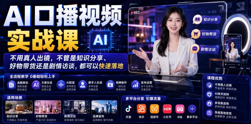 AI口播视频实战课，不用真人出镜，不管是知识分享、好物带货还是剧情访谈，都可以快速落地-知云阁资源站