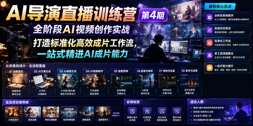 AI导演直播训练营第4期|全阶段AI视频创作实战,打造标准化高效成片工作流,一站式精进AI成片能力-知云阁资源站