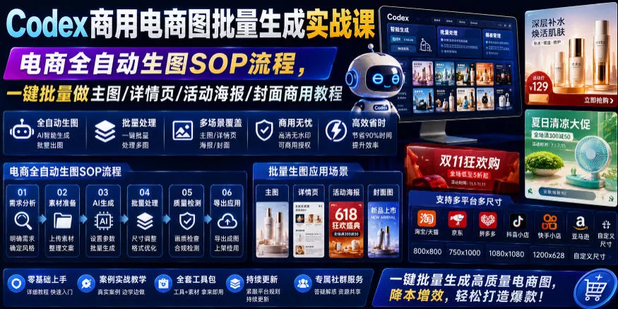 Codex商用电商图批量生成实战课|电商全自动生图SOP流程,一键批量做主图/详情页/活动海报/封面商用教程-知云阁资源站