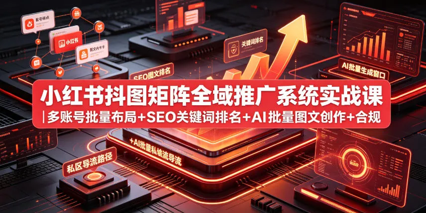 小红书抖图矩阵全域推广系统实战课|多账号批量布局+SEO关键词排名+AI批量图文创作+合规私域导流完整落地教程-知云阁资源站